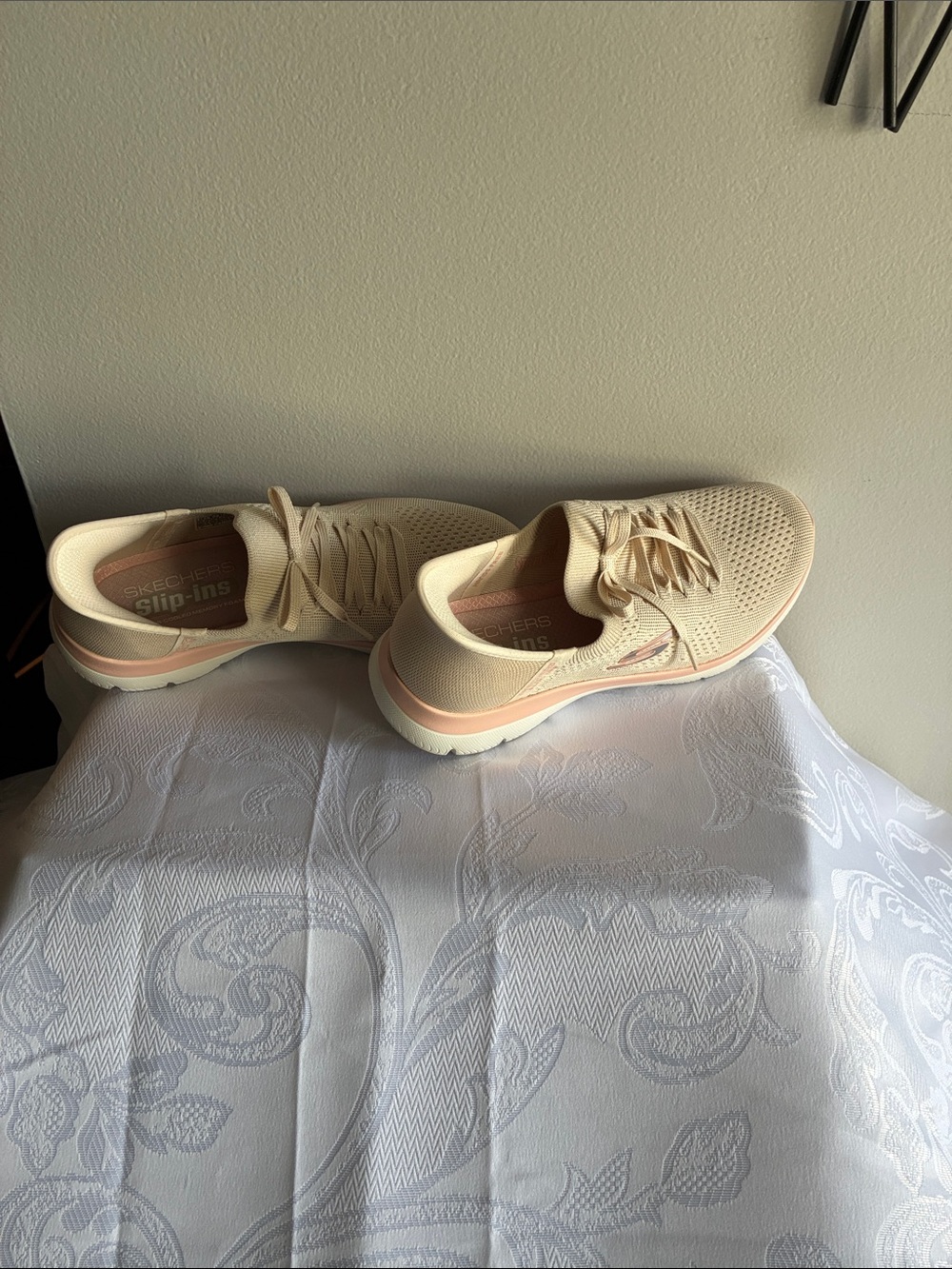 Skechers Knit Lace-Up Sneakers in Cream with Blush Trim